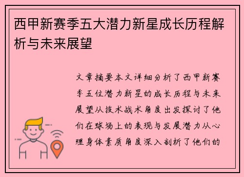 西甲新赛季五大潜力新星成长历程解析与未来展望