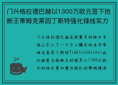 门兴格拉德巴赫以1300万欧元签下抢断王蒂姆克莱因丁斯特强化锋线实力
